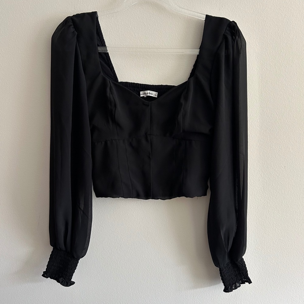 Abercrombie & Fitch Blouse Black S Chiffon Smocked Corset Long Sleeve Crop Top